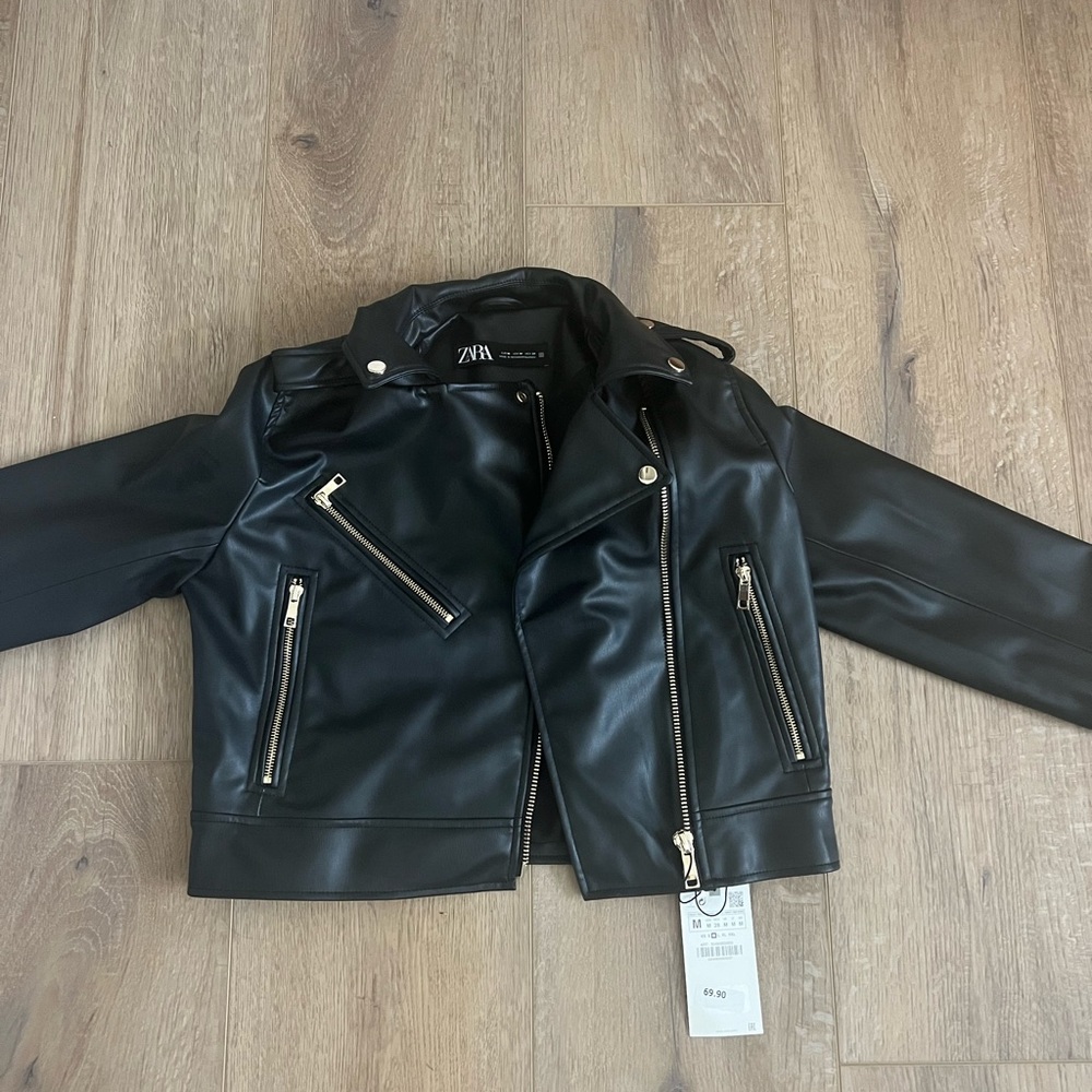 Zara Black Leather Jacket with Gold Detailing, New with Tags